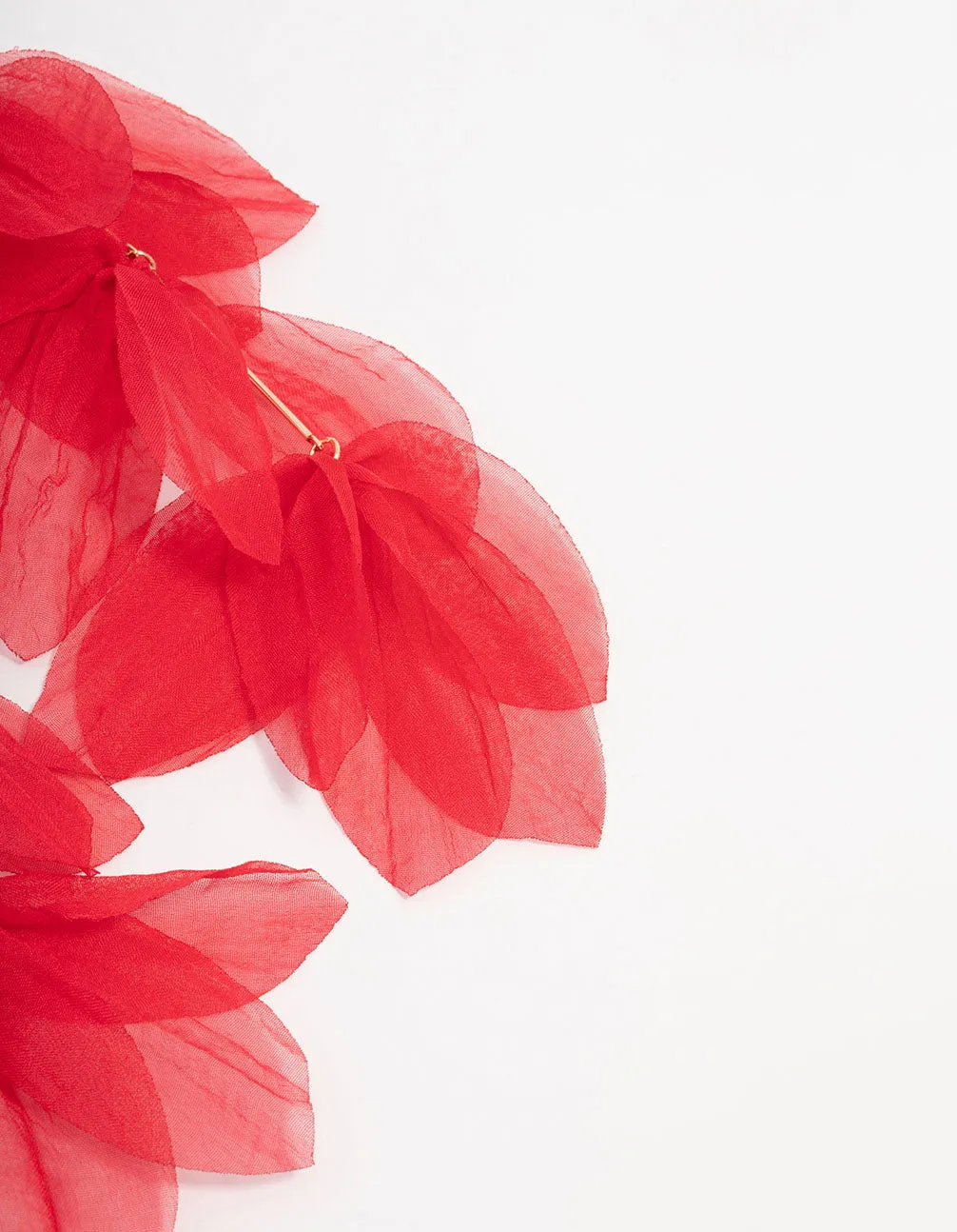 Red Chiffon Fabric Petal Leaf Drop Earrings
