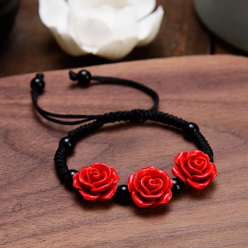 Red Wedding Flower Beaded Bracelet Adjustable Hand Jewelry Gift