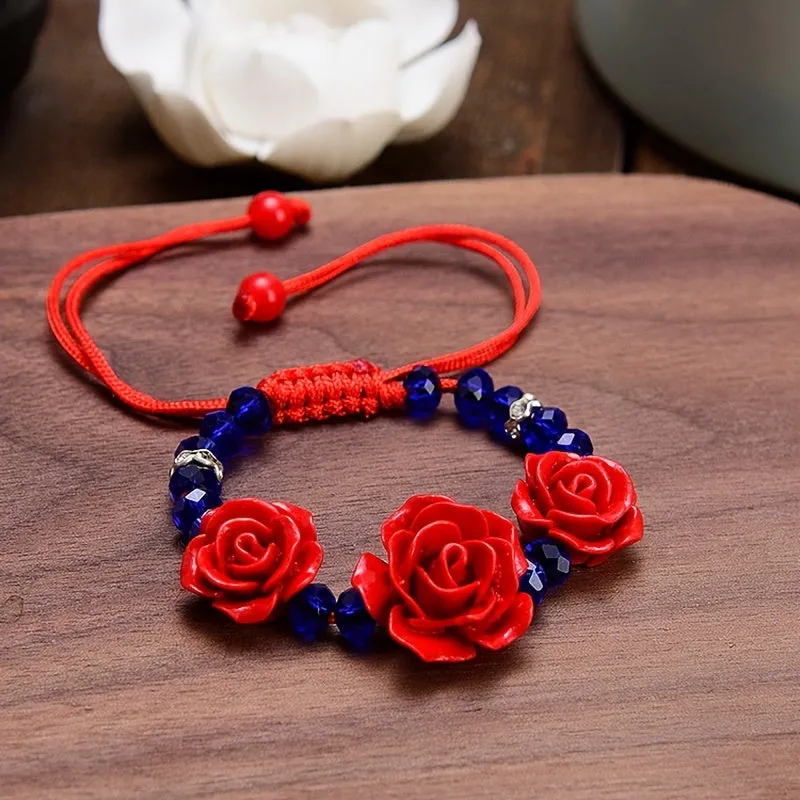 Red Wedding Flower Beaded Bracelet Adjustable Hand Jewelry Gift