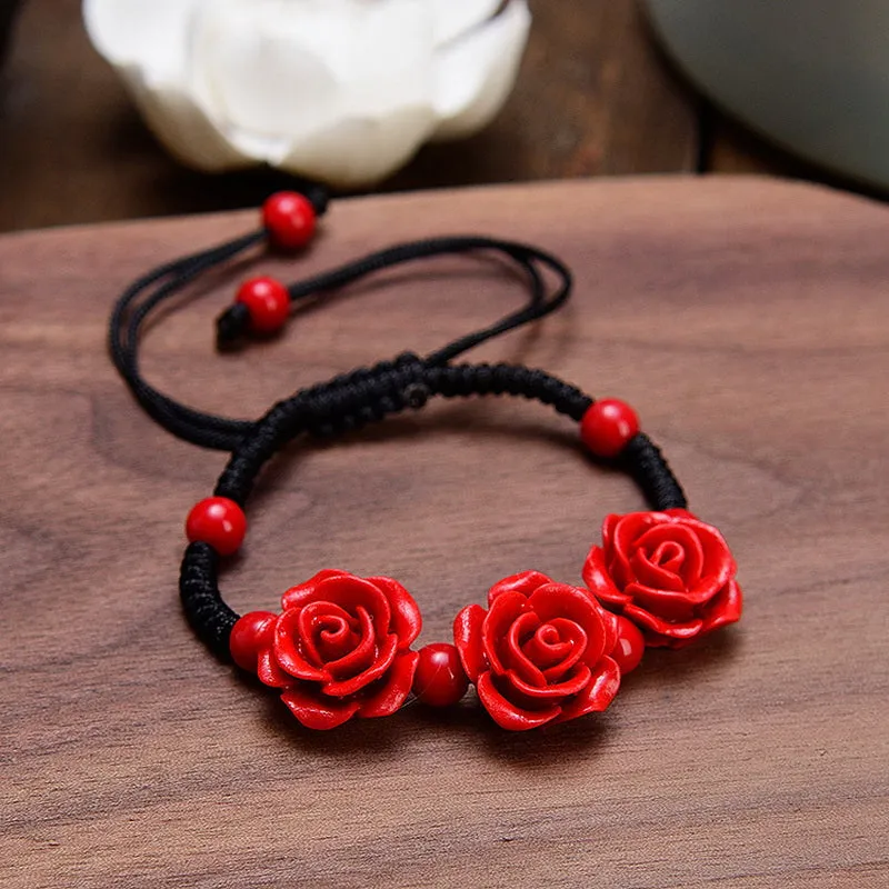 Red Wedding Flower Beaded Bracelet Adjustable Hand Jewelry Gift
