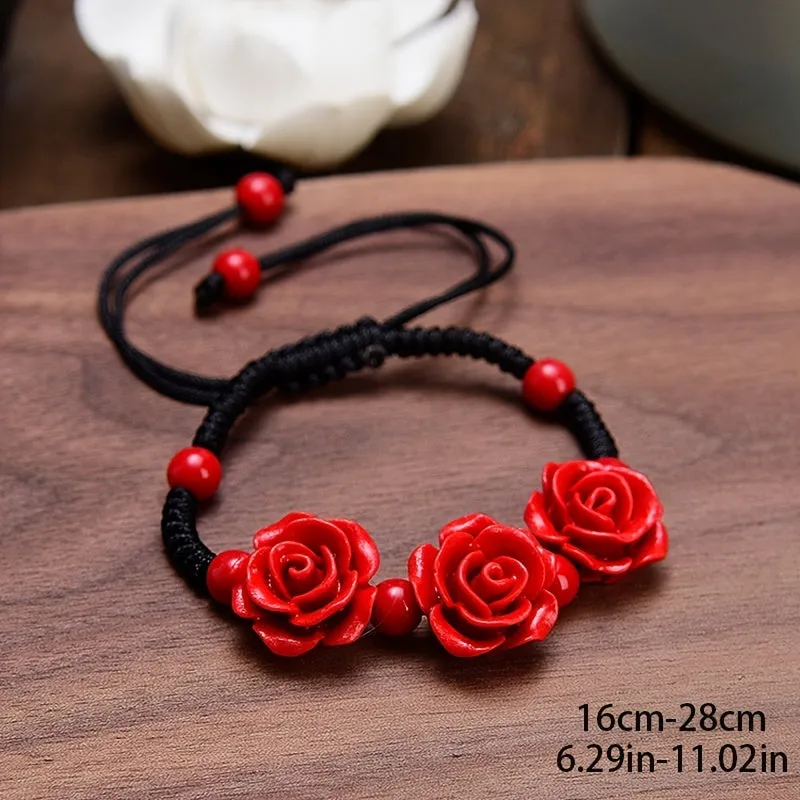 Red Wedding Flower Beaded Bracelet Adjustable Hand Jewelry Gift