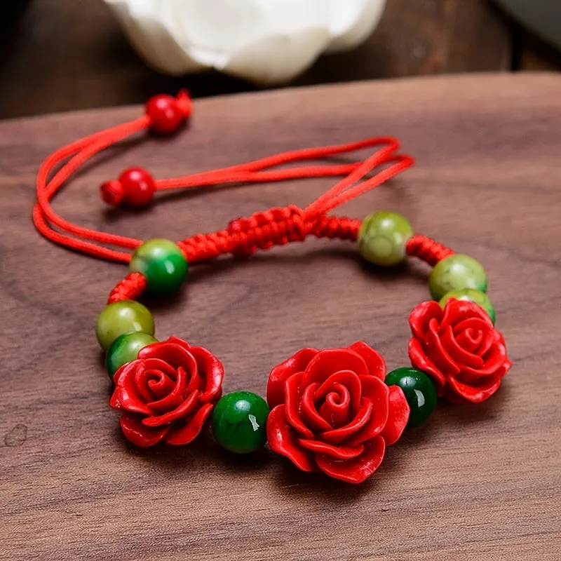 Red Wedding Flower Beaded Bracelet Adjustable Hand Jewelry Gift