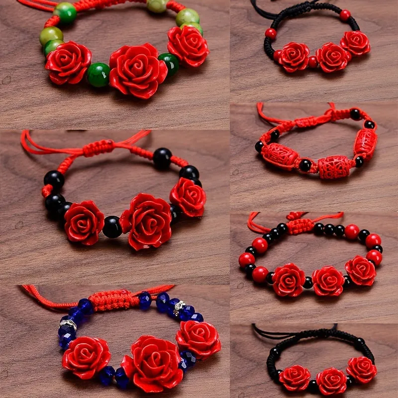 Red Wedding Flower Beaded Bracelet Adjustable Hand Jewelry Gift