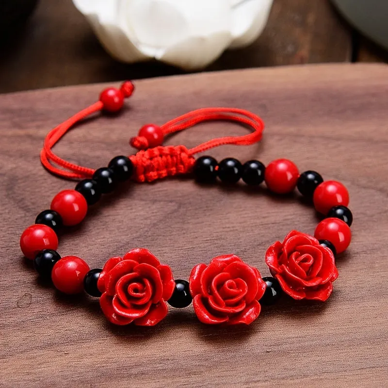 Red Wedding Flower Beaded Bracelet Adjustable Hand Jewelry Gift