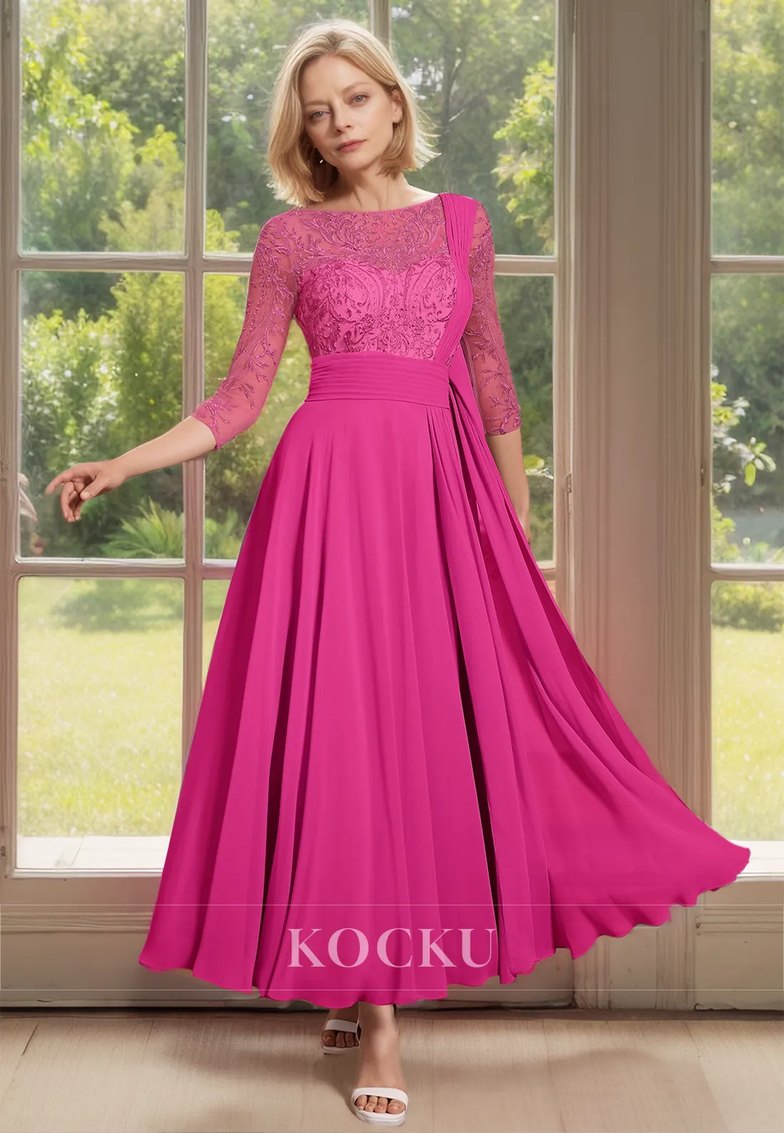 Scoop Neck A-Line Long Sleeves Pleats Chiffon Cocktail Dress with Appliques Mother of Groom