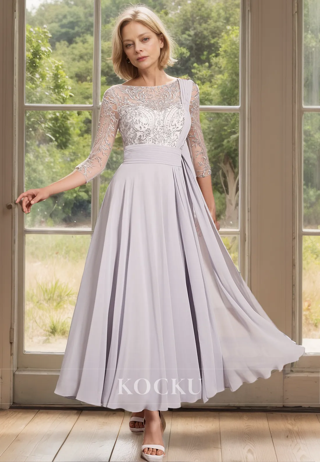 Scoop Neck A-Line Long Sleeves Pleats Chiffon Cocktail Dress with Appliques Mother of Groom
