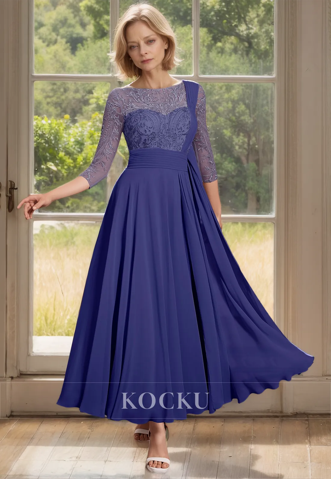 Scoop Neck A-Line Long Sleeves Pleats Chiffon Cocktail Dress with Appliques Mother of Groom