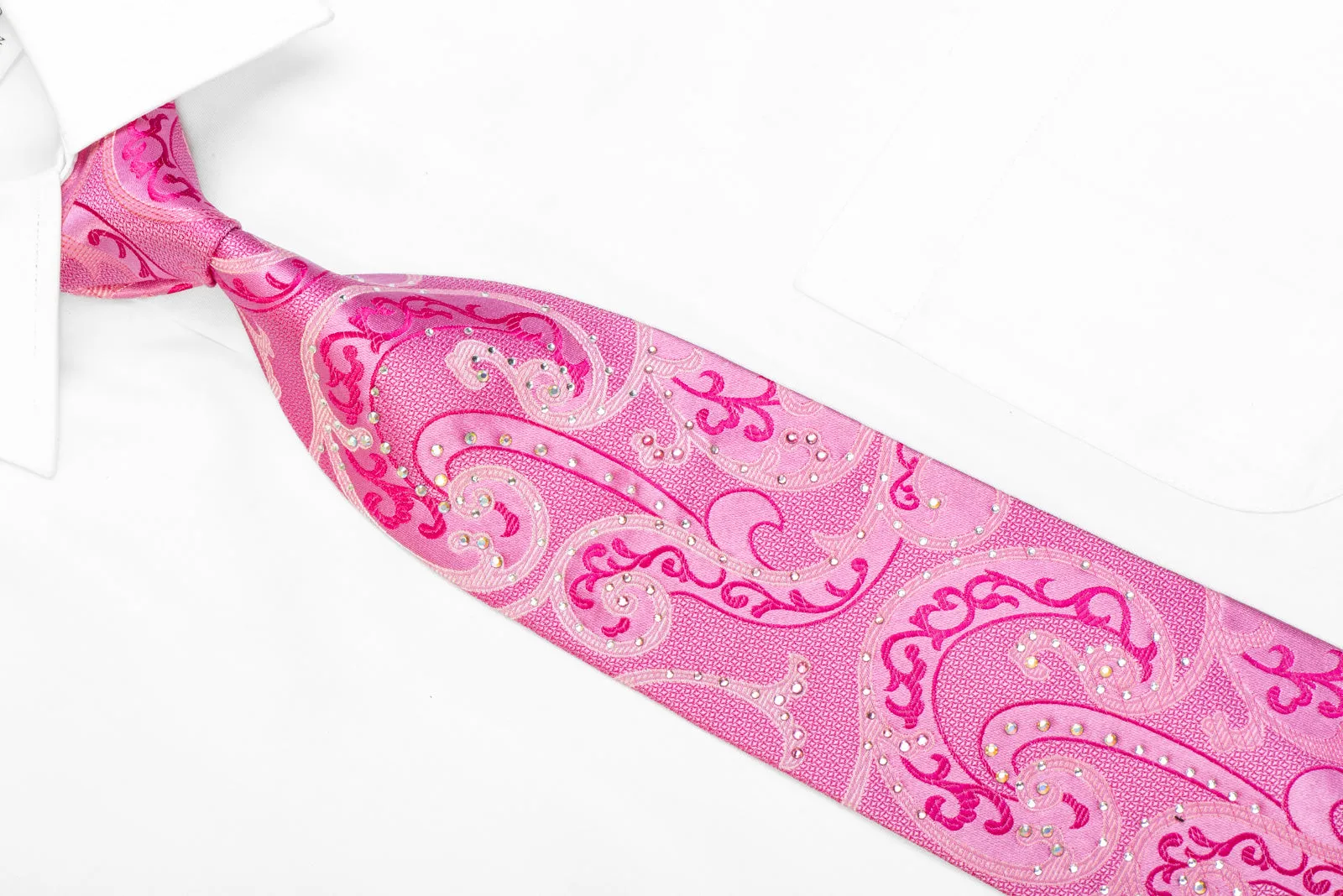 Scrolls On Pink Silk Rhinestone Necktie