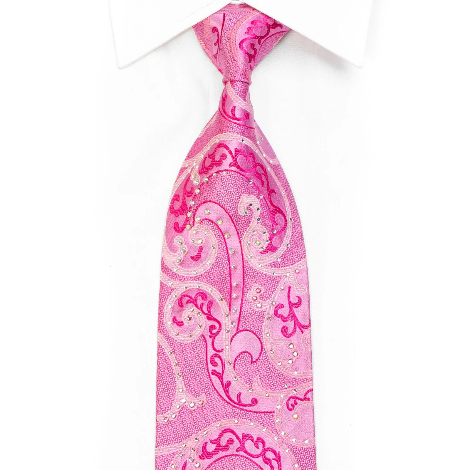 Scrolls On Pink Silk Rhinestone Necktie