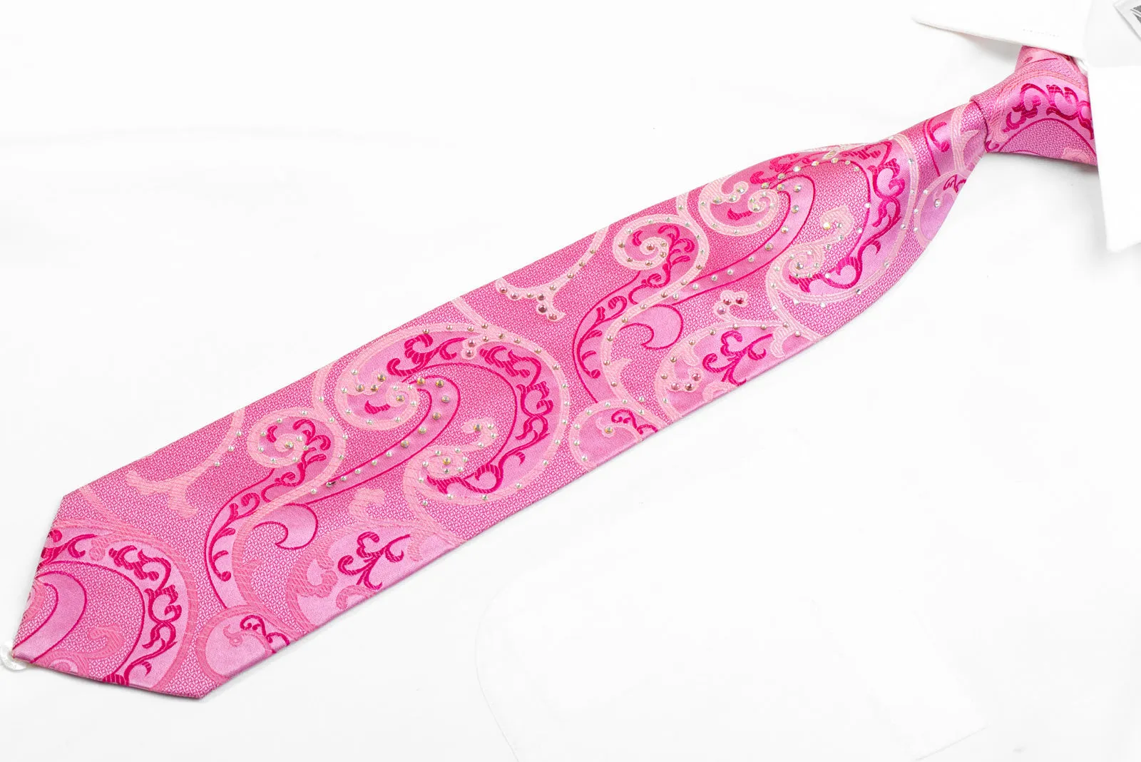Scrolls On Pink Silk Rhinestone Necktie