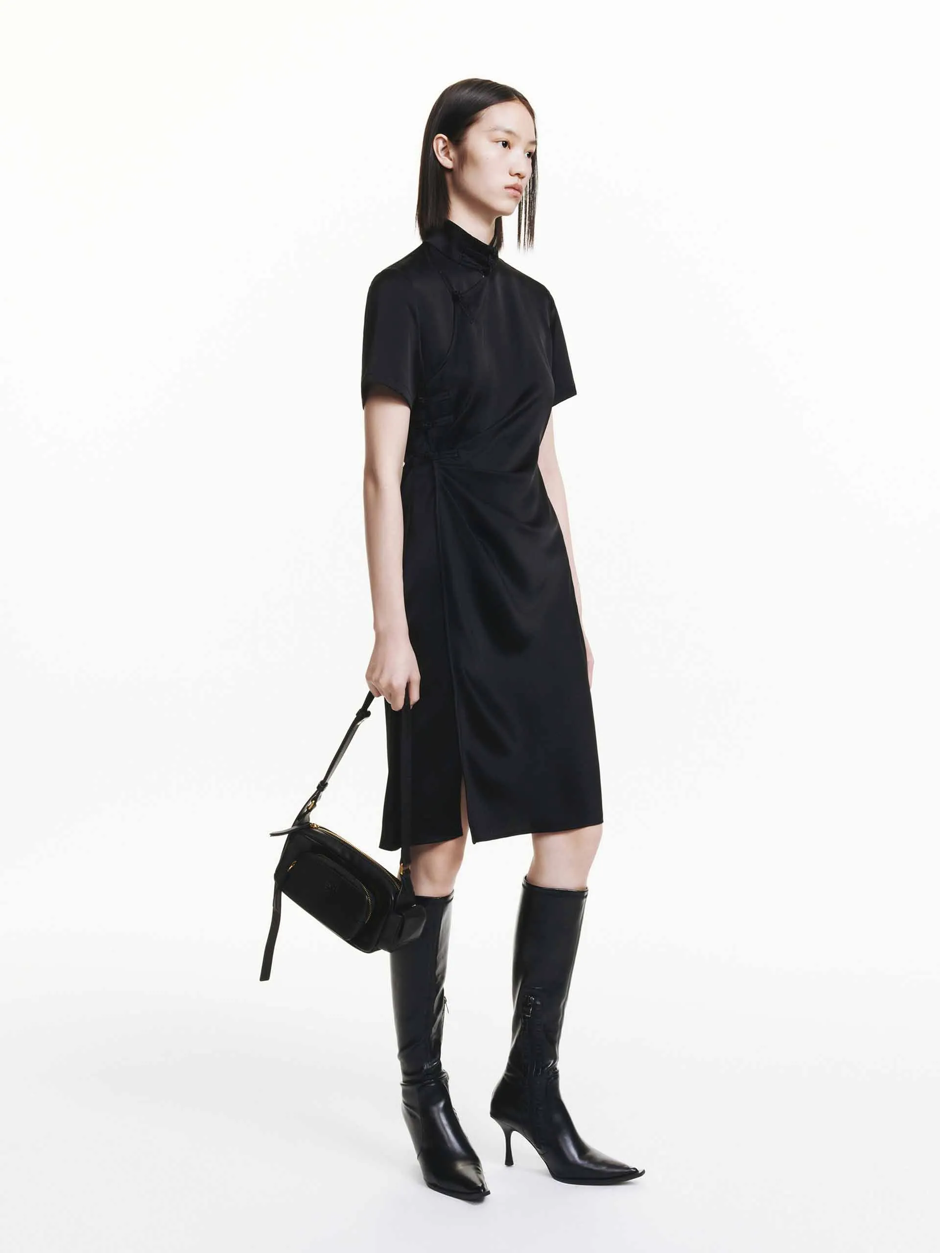 Side Pleated Satin Dress