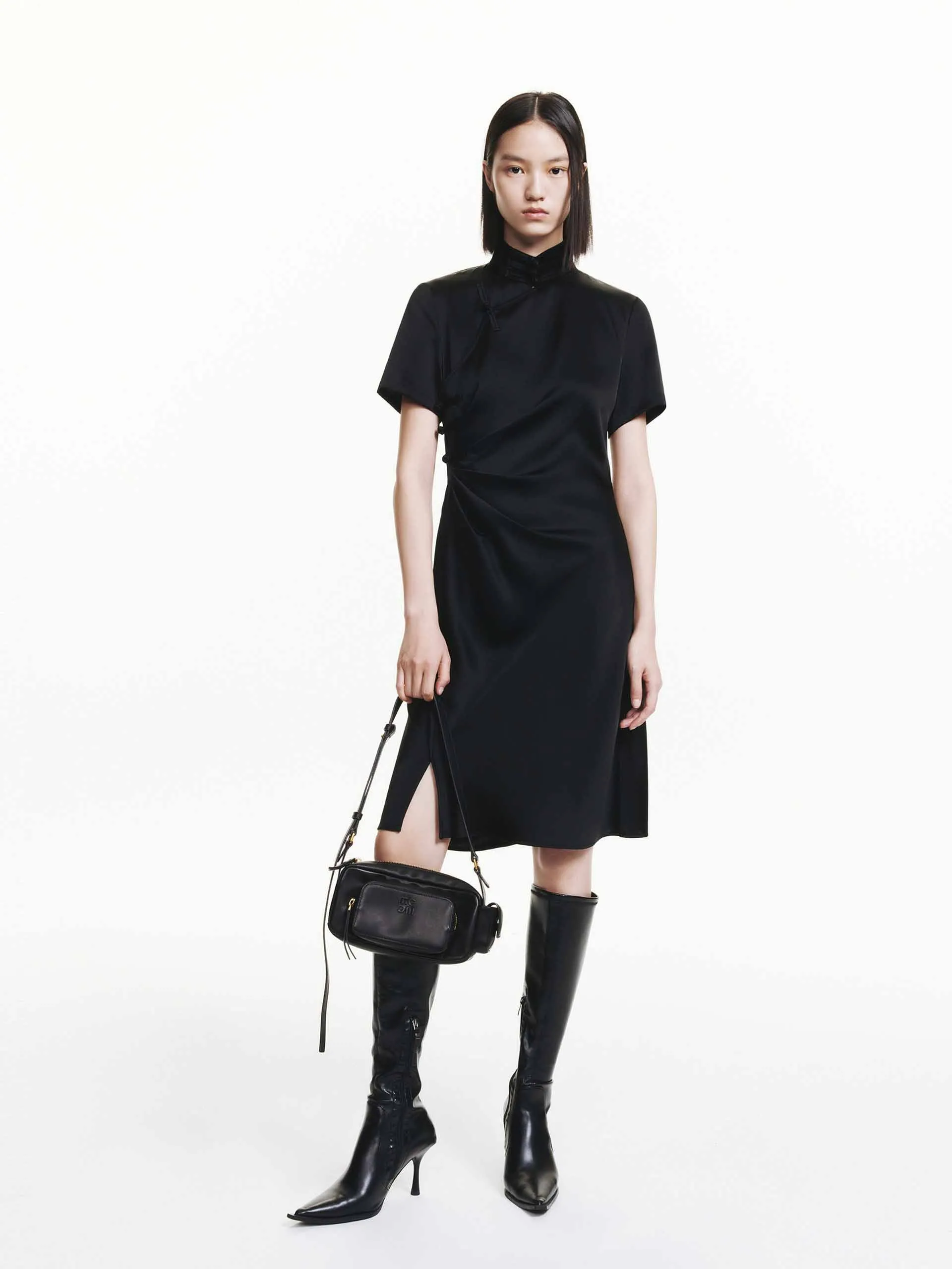 Side Pleated Satin Dress