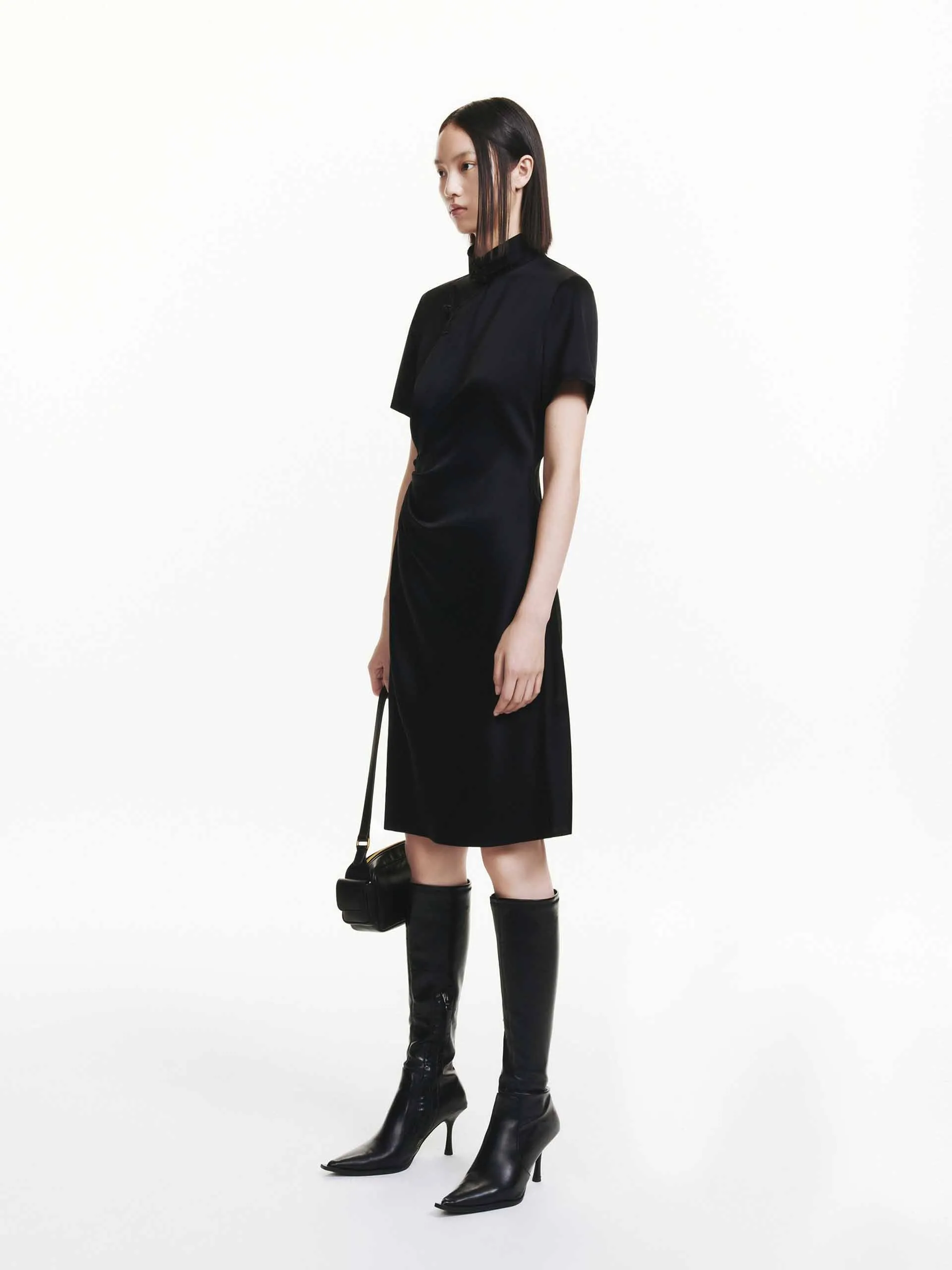 Side Pleated Satin Dress