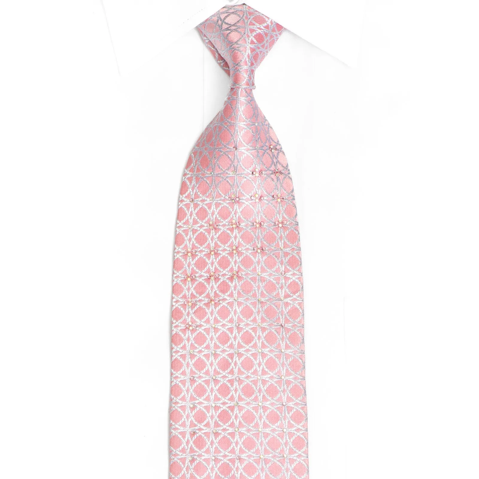 Silver Trellis On Pink Rhinestone Silk Necktie With Silver Sparkles