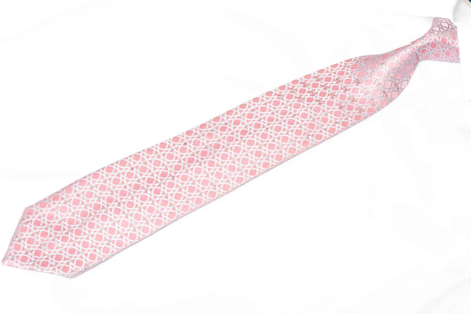 Silver Trellis On Pink Rhinestone Silk Necktie With Silver Sparkles
