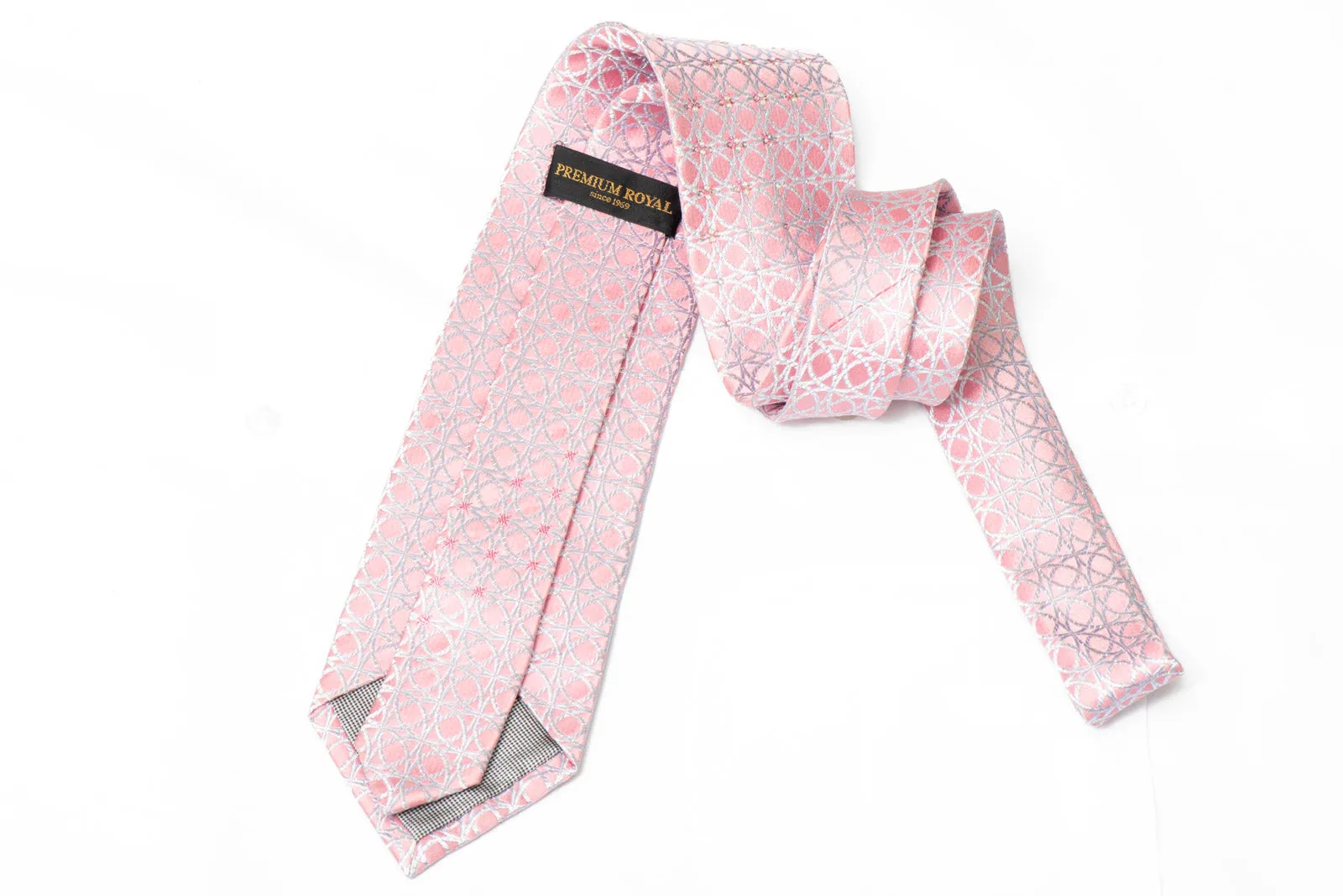 Silver Trellis On Pink Rhinestone Silk Necktie With Silver Sparkles