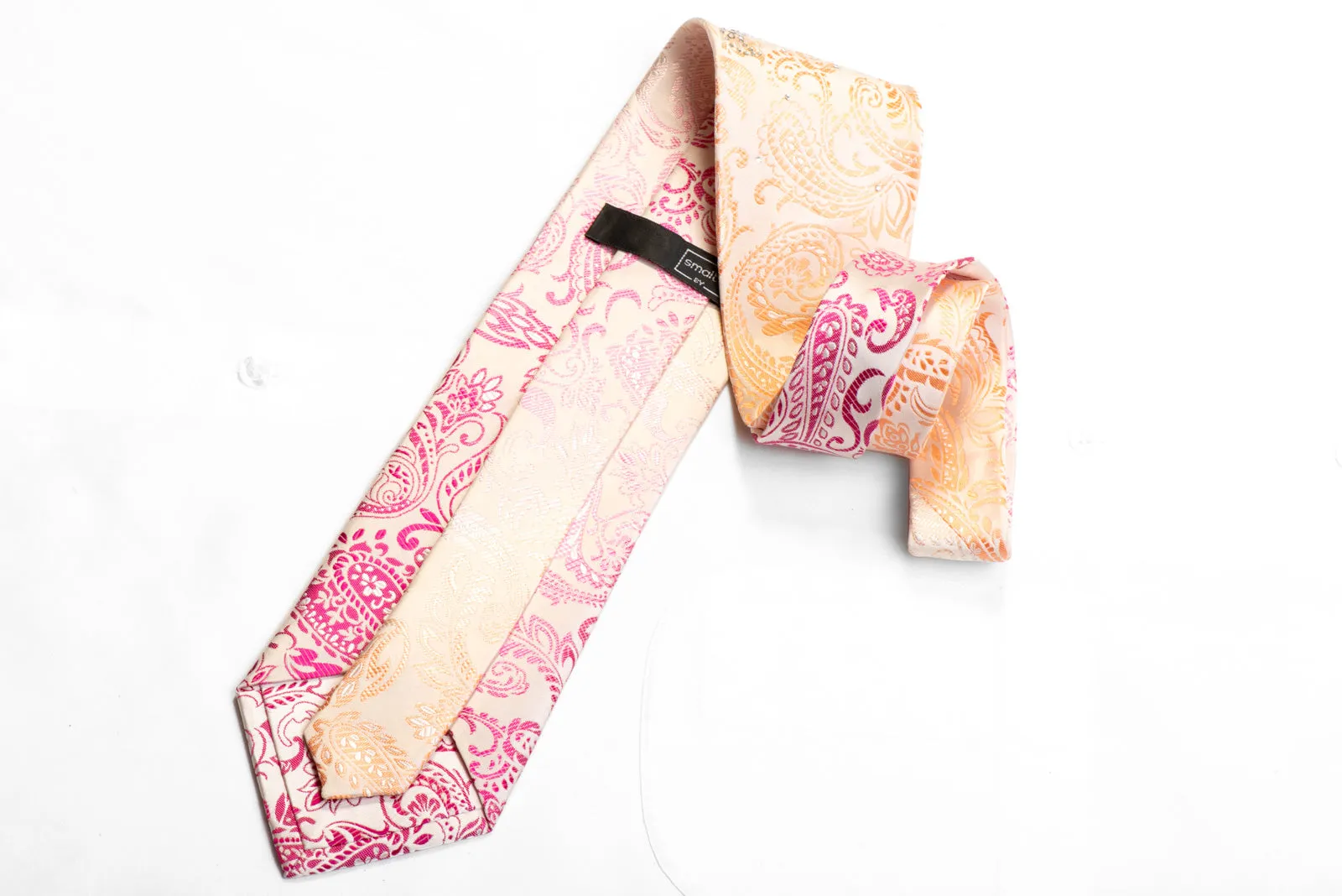 Smalto Men's Rhinestone Silk Tie Pink Peach Paisley On White