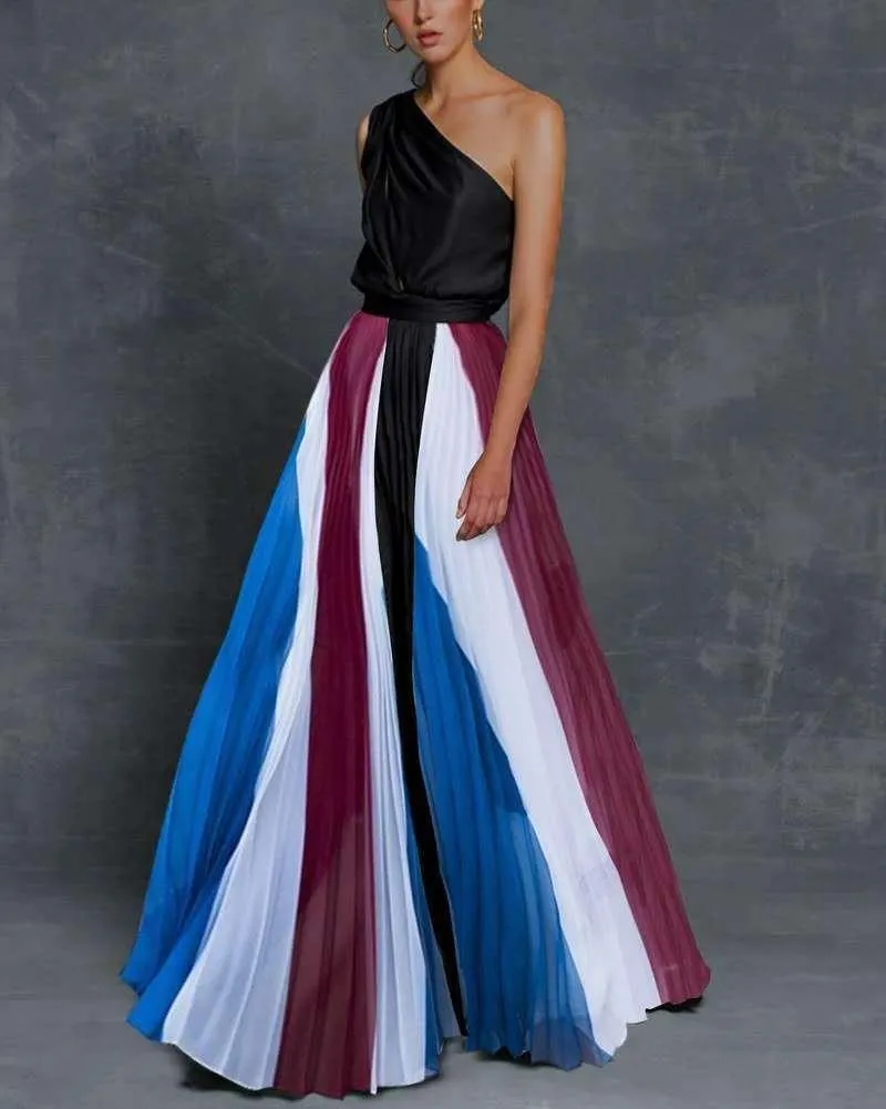 Stitching strapless contrast color long dress