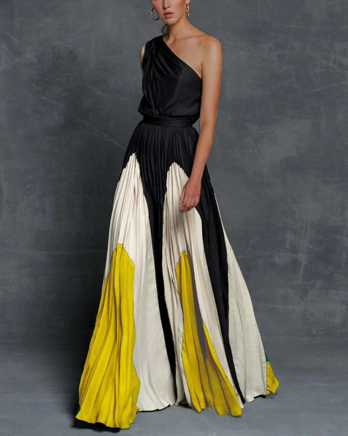 Stitching strapless contrast color long dress