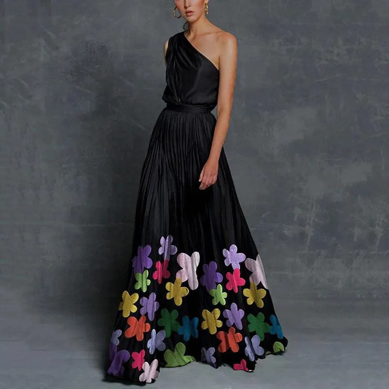 Stitching strapless contrast color long dress