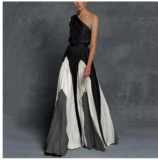 Stitching strapless contrast color long dress