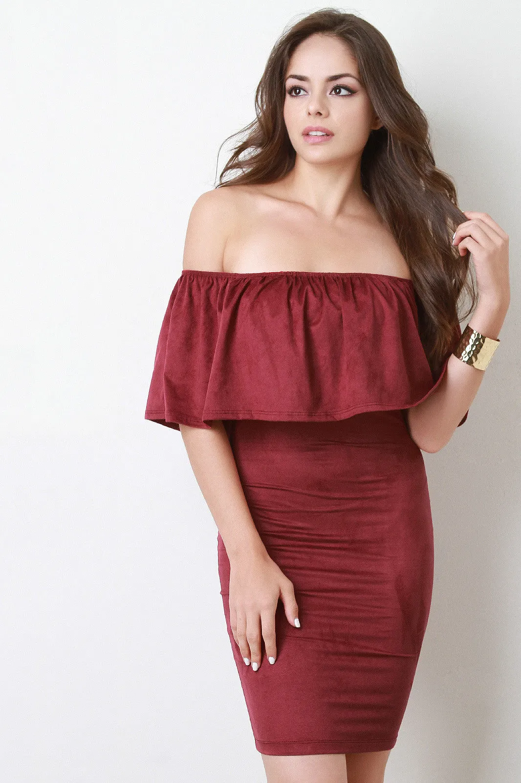 Suede Off the Shoulder Flounce Dress