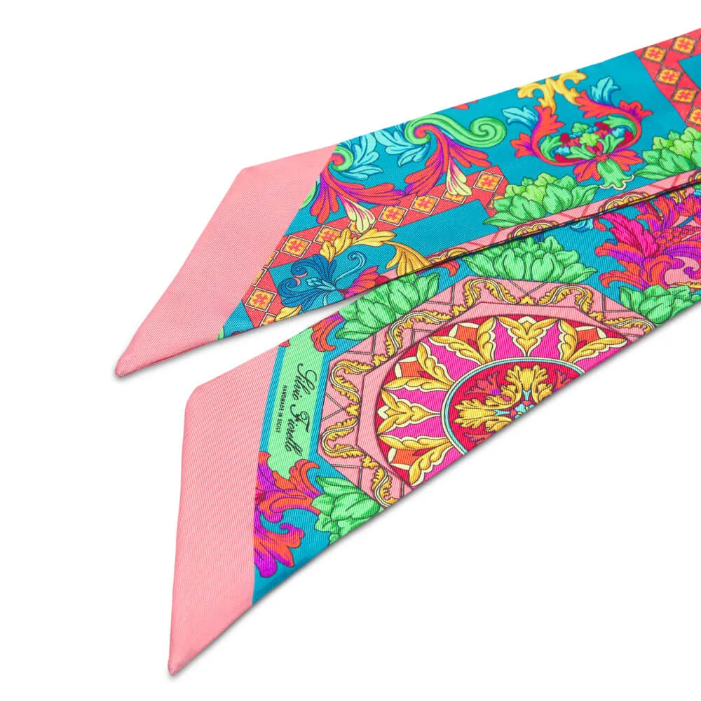 Taormina Art Green and Pink Silk Twilly