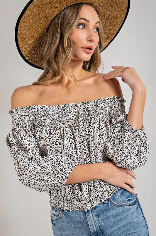 TEEK - Animal Print Smocked Off the Shoulder Top