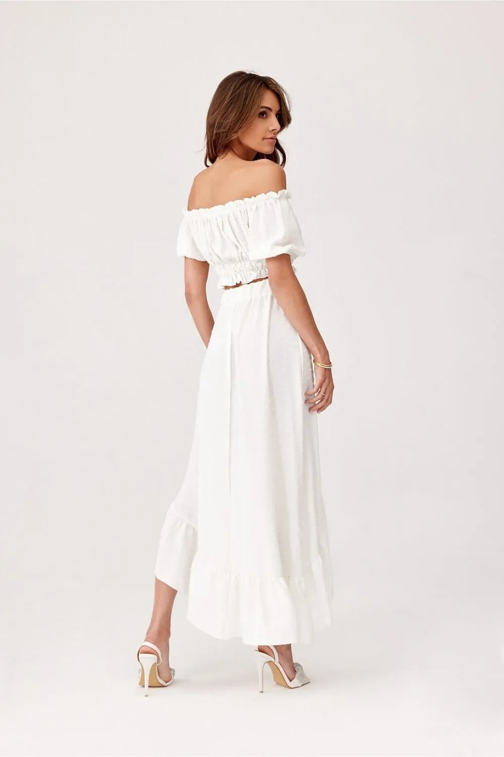 TEEK - Beige Off-Shoulder Ruffle Crop Top Skirt Set