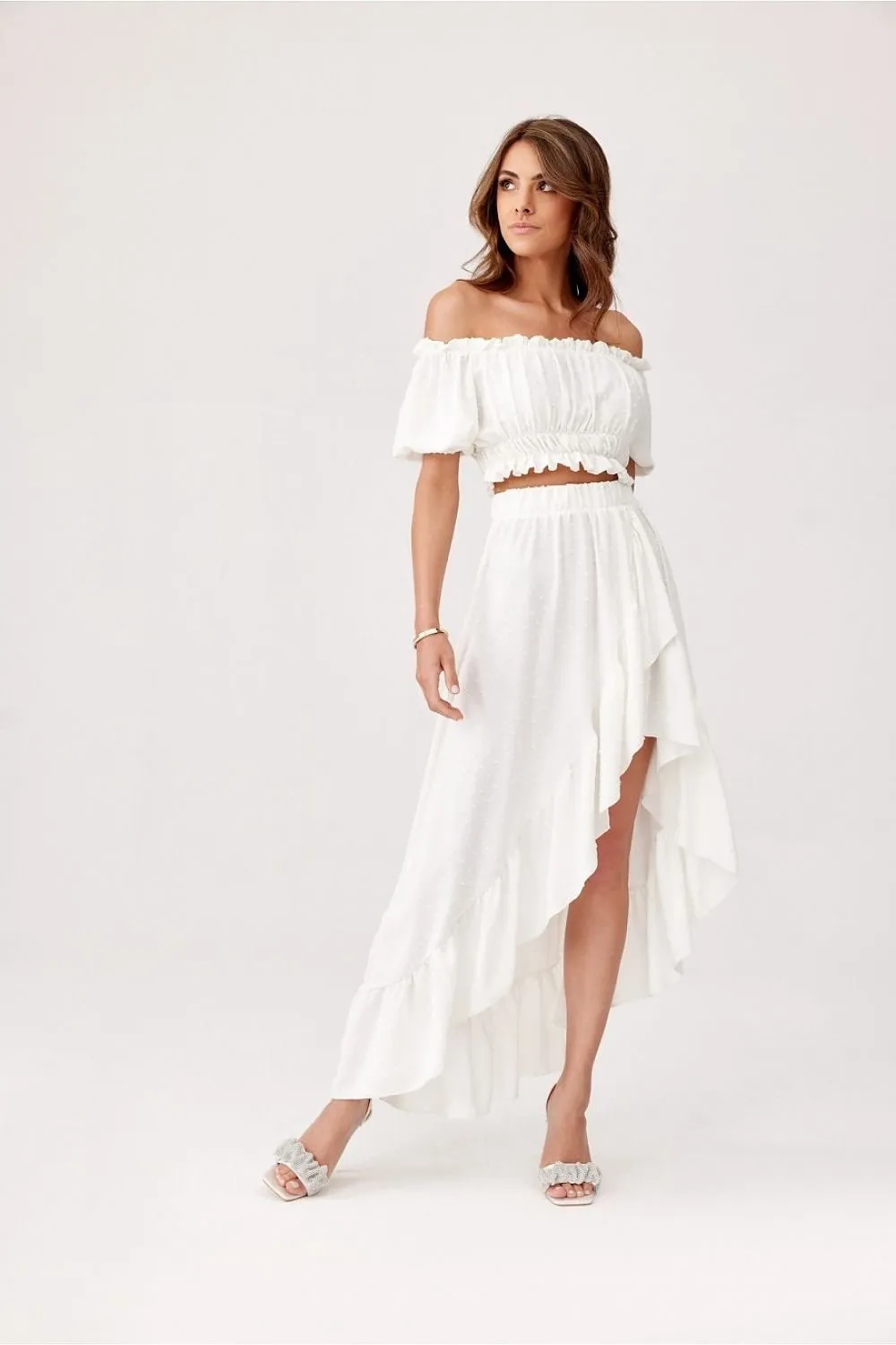 TEEK - Beige Off-Shoulder Ruffle Crop Top Skirt Set