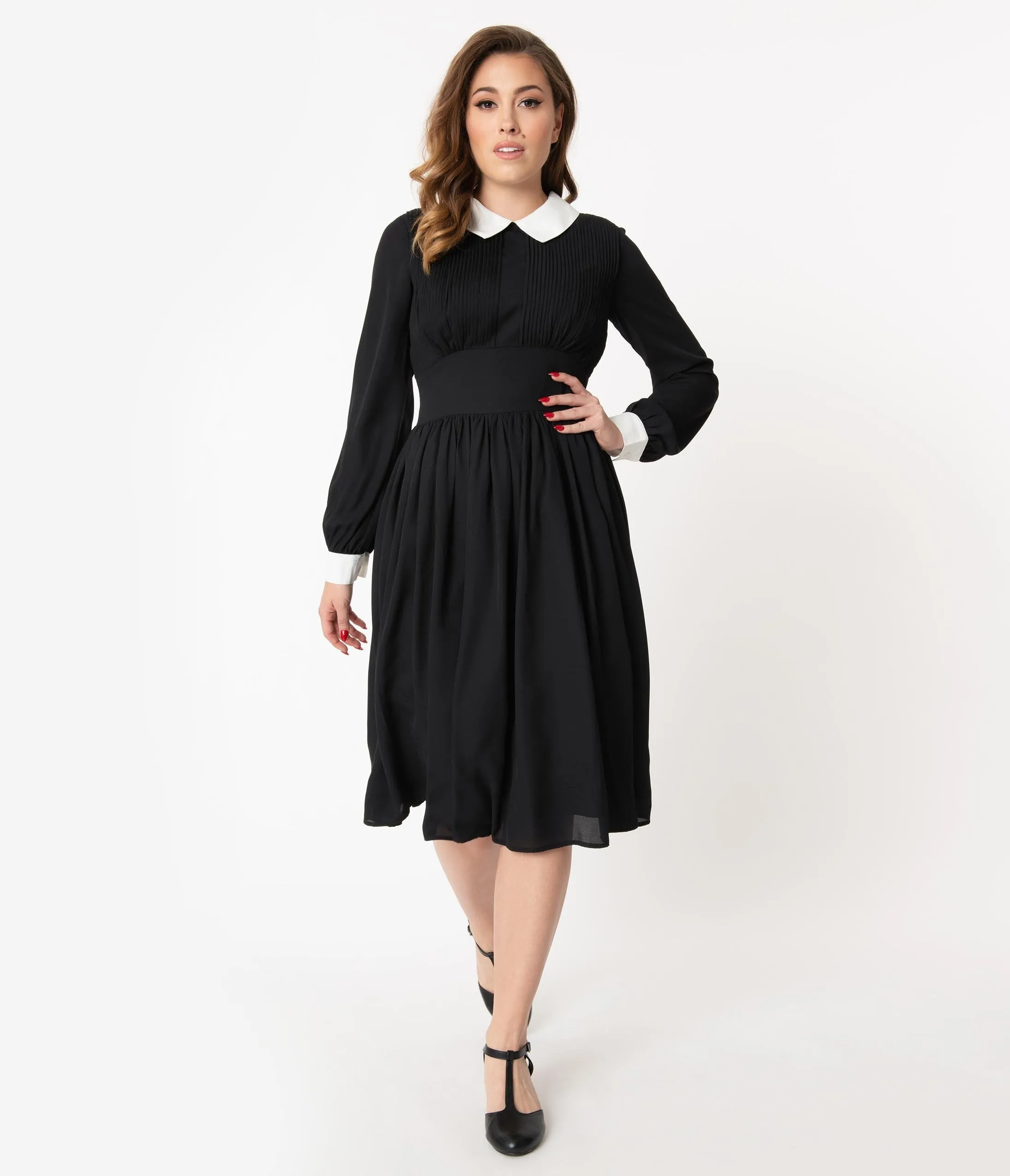 Unique Vintage 1940s Style Black & White Deirdre Shirt Dress