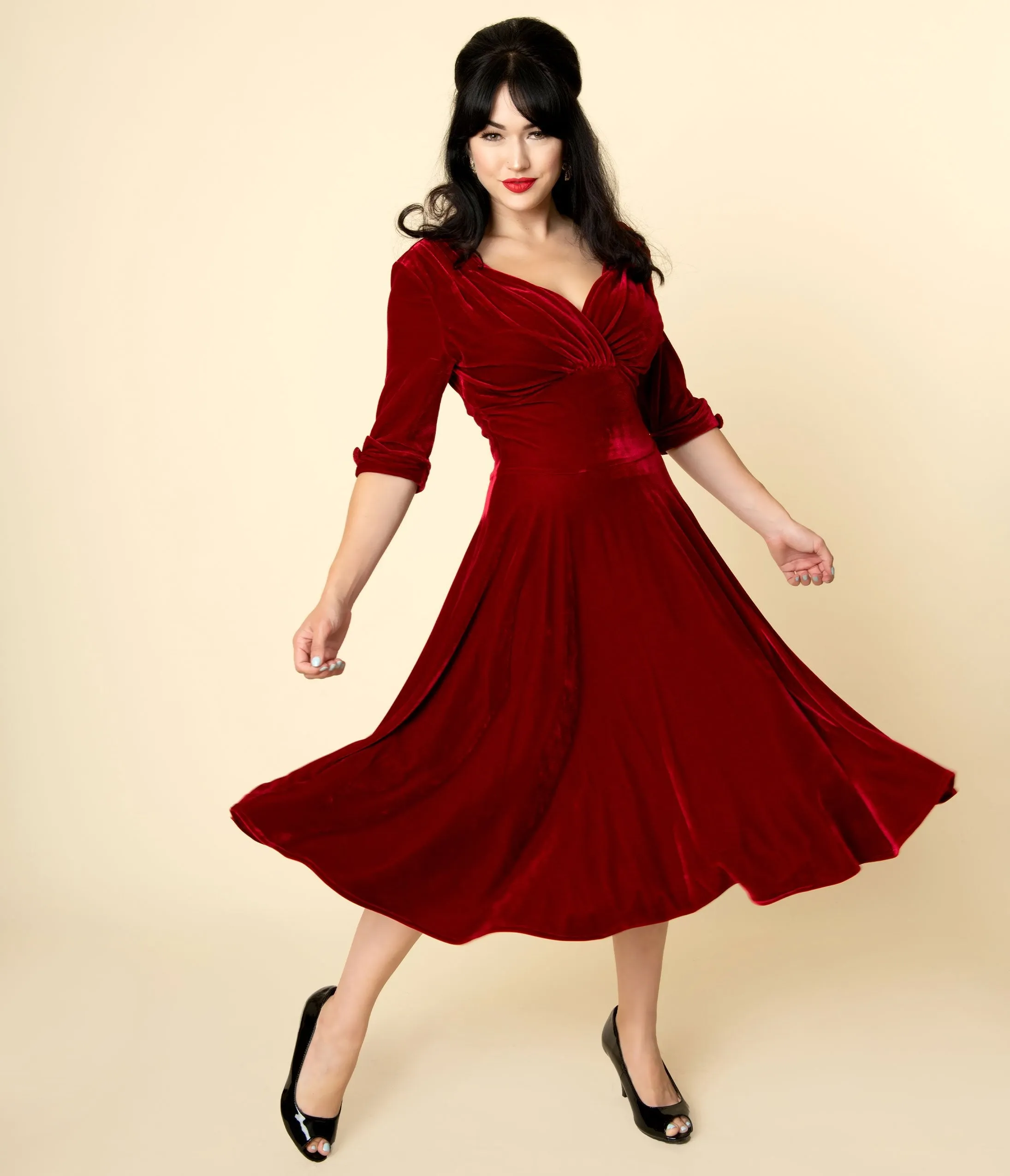 Unique Vintage 1950s Burgundy Red Velvet Delores Swing Dress with Sleeves