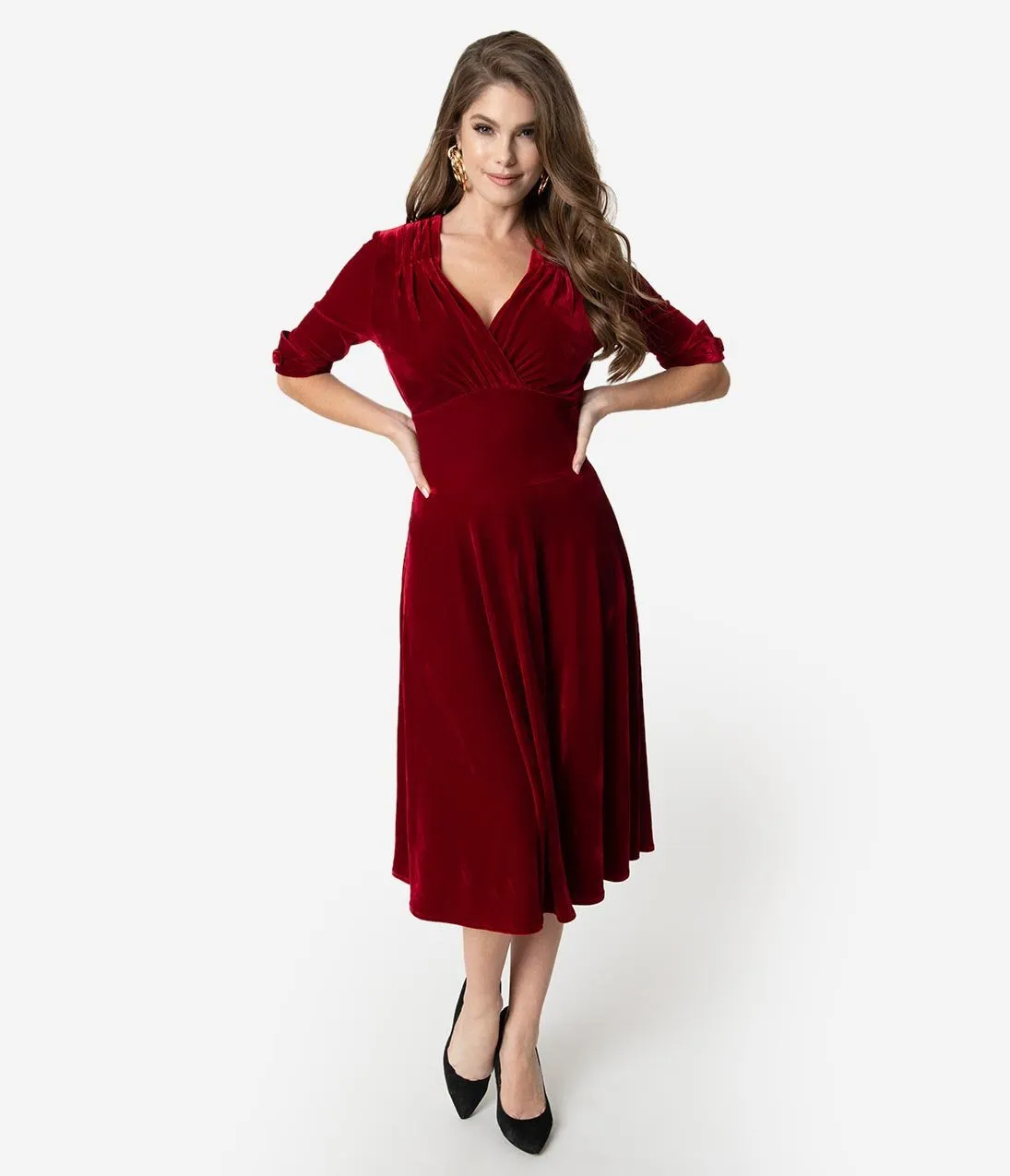 Unique Vintage 1950s Burgundy Red Velvet Delores Swing Dress with Sleeves