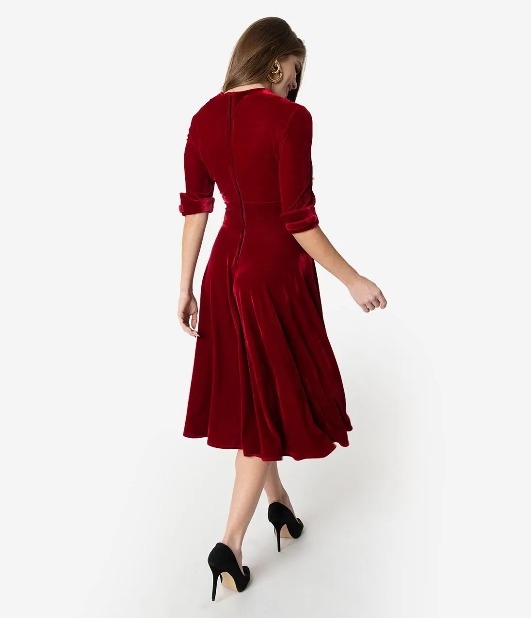 Unique Vintage 1950s Burgundy Red Velvet Delores Swing Dress with Sleeves