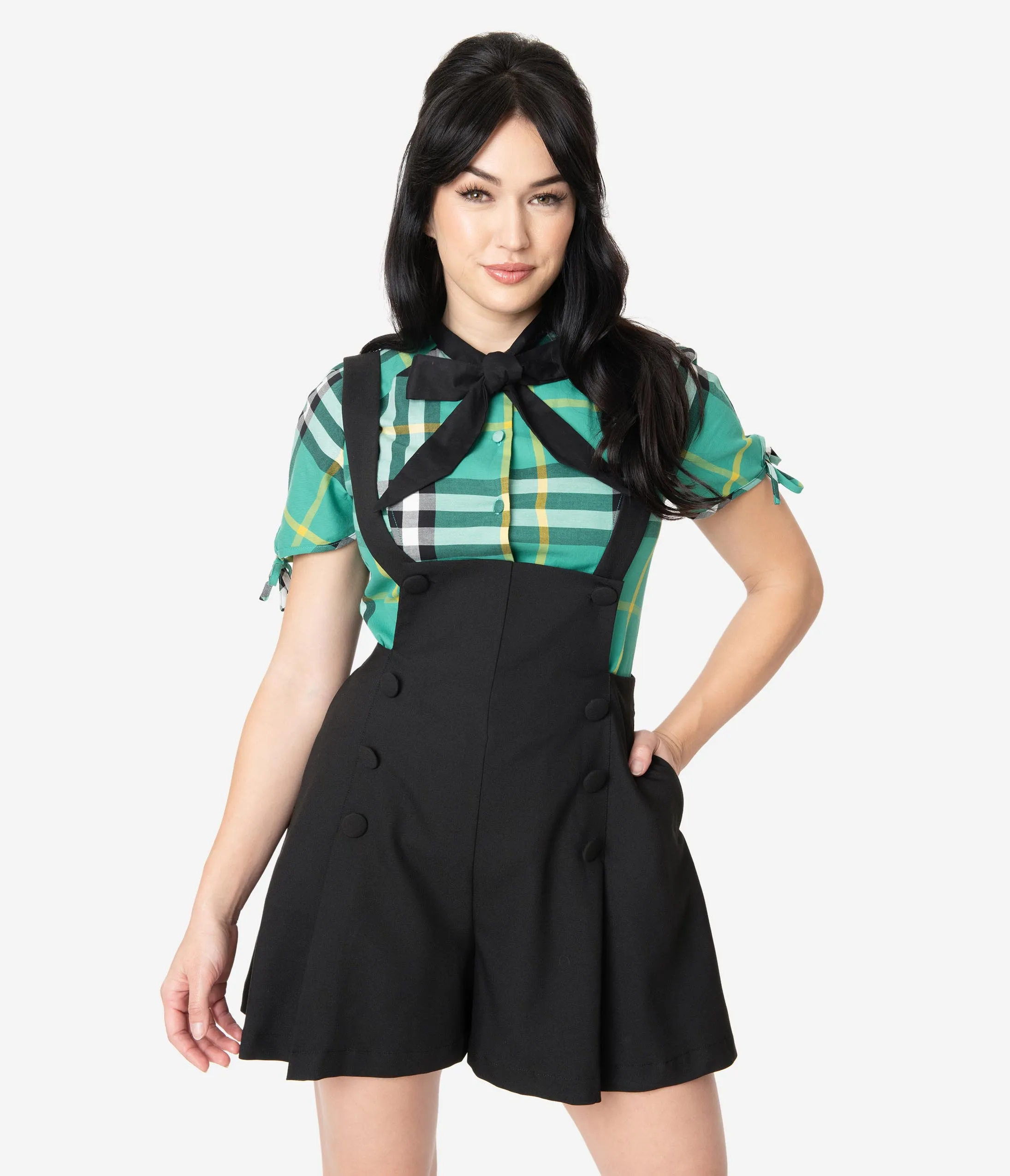 Unique Vintage 1970s Style Black Pleated Geena Pinafore Shorts