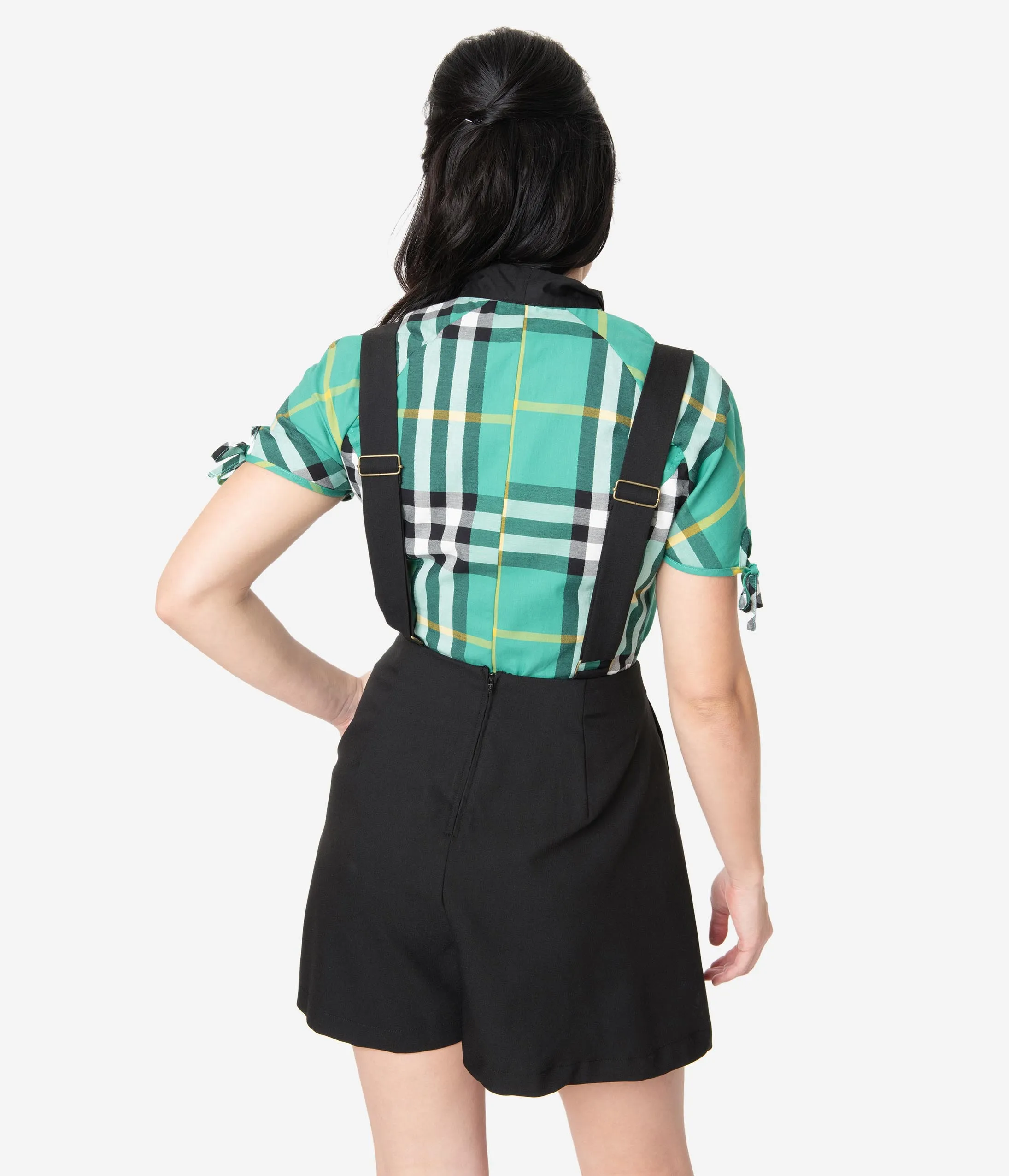 Unique Vintage 1970s Style Black Pleated Geena Pinafore Shorts
