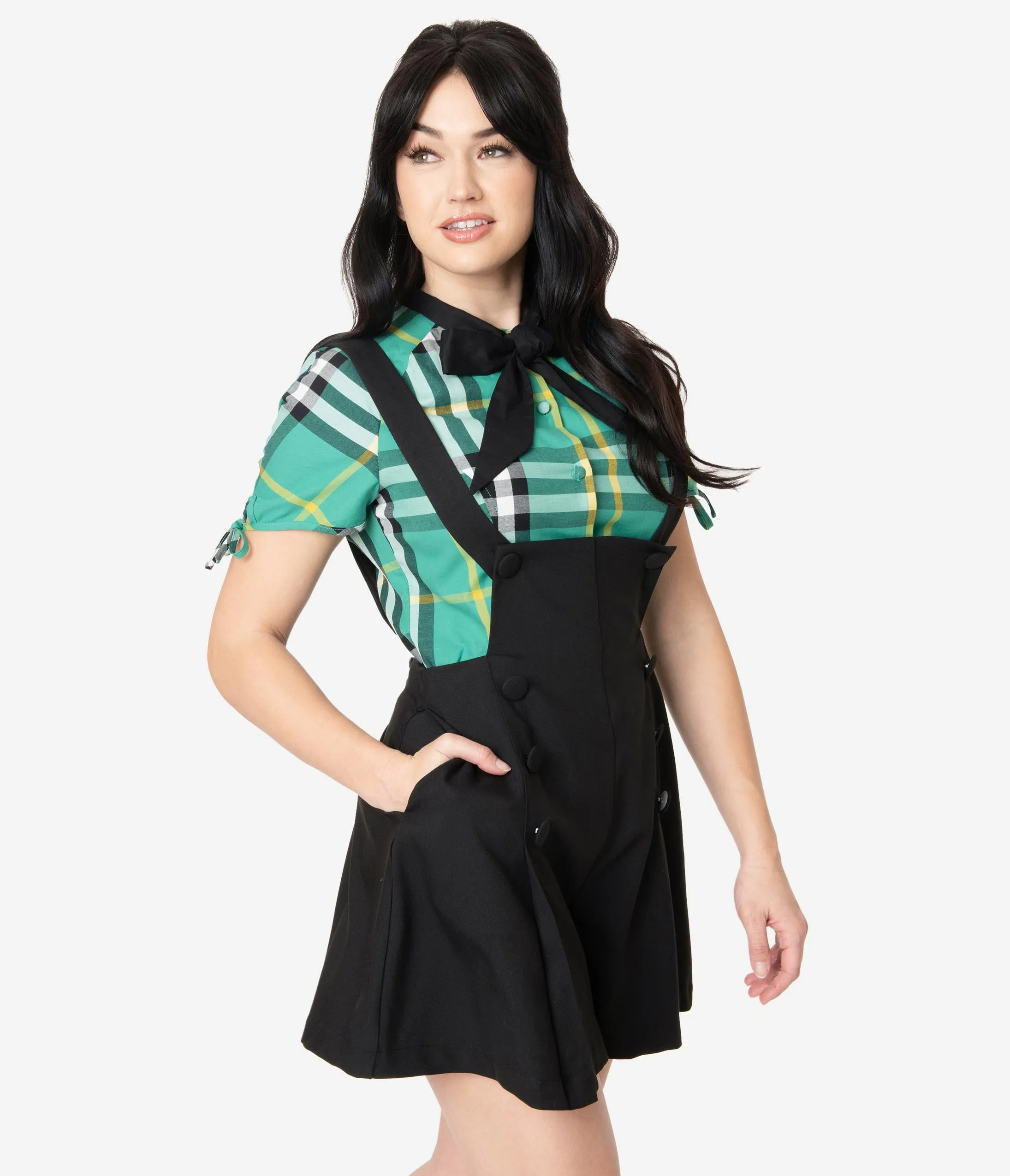 Unique Vintage 1970s Style Black Pleated Geena Pinafore Shorts