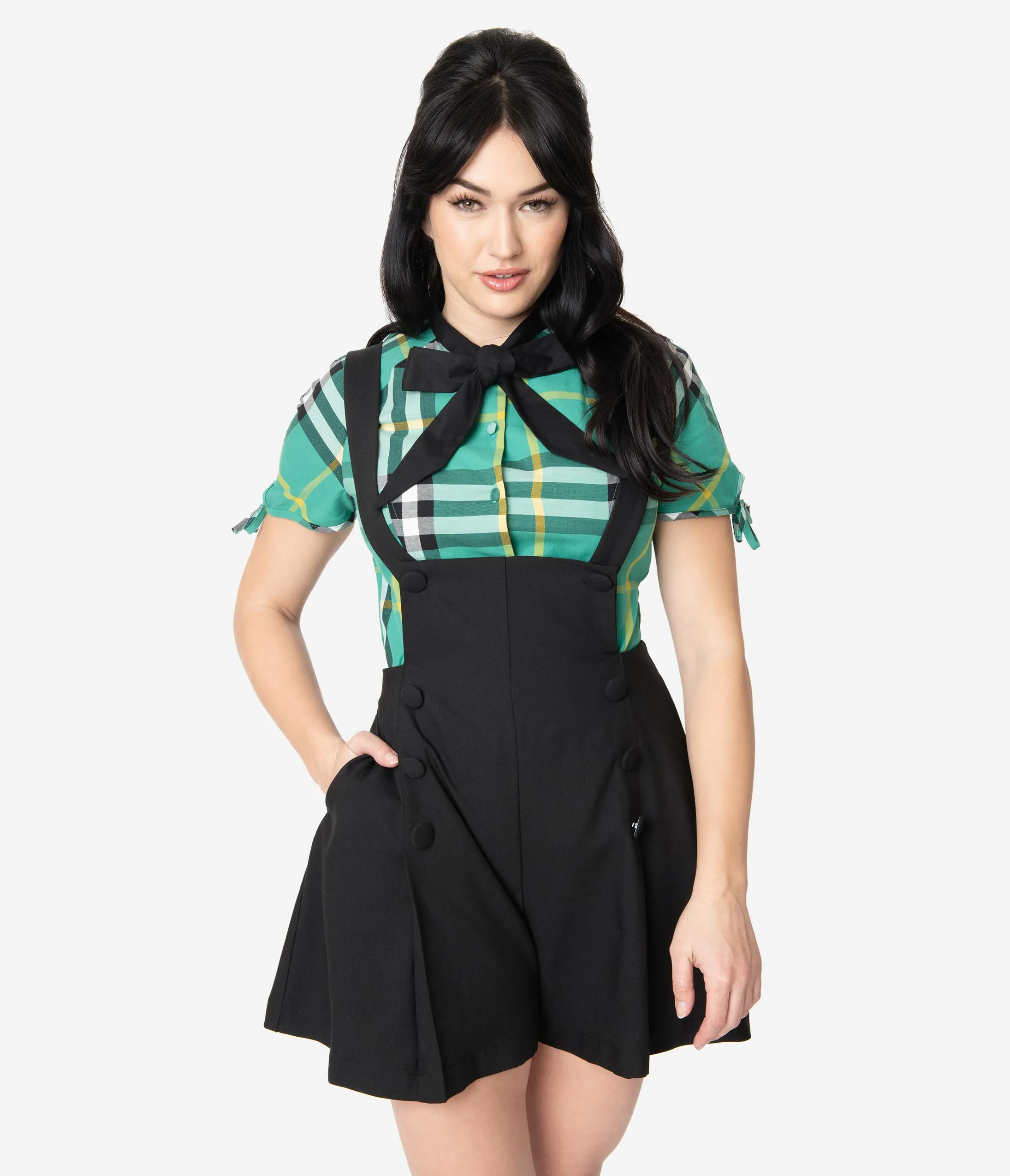 Unique Vintage 1970s Style Black Pleated Geena Pinafore Shorts