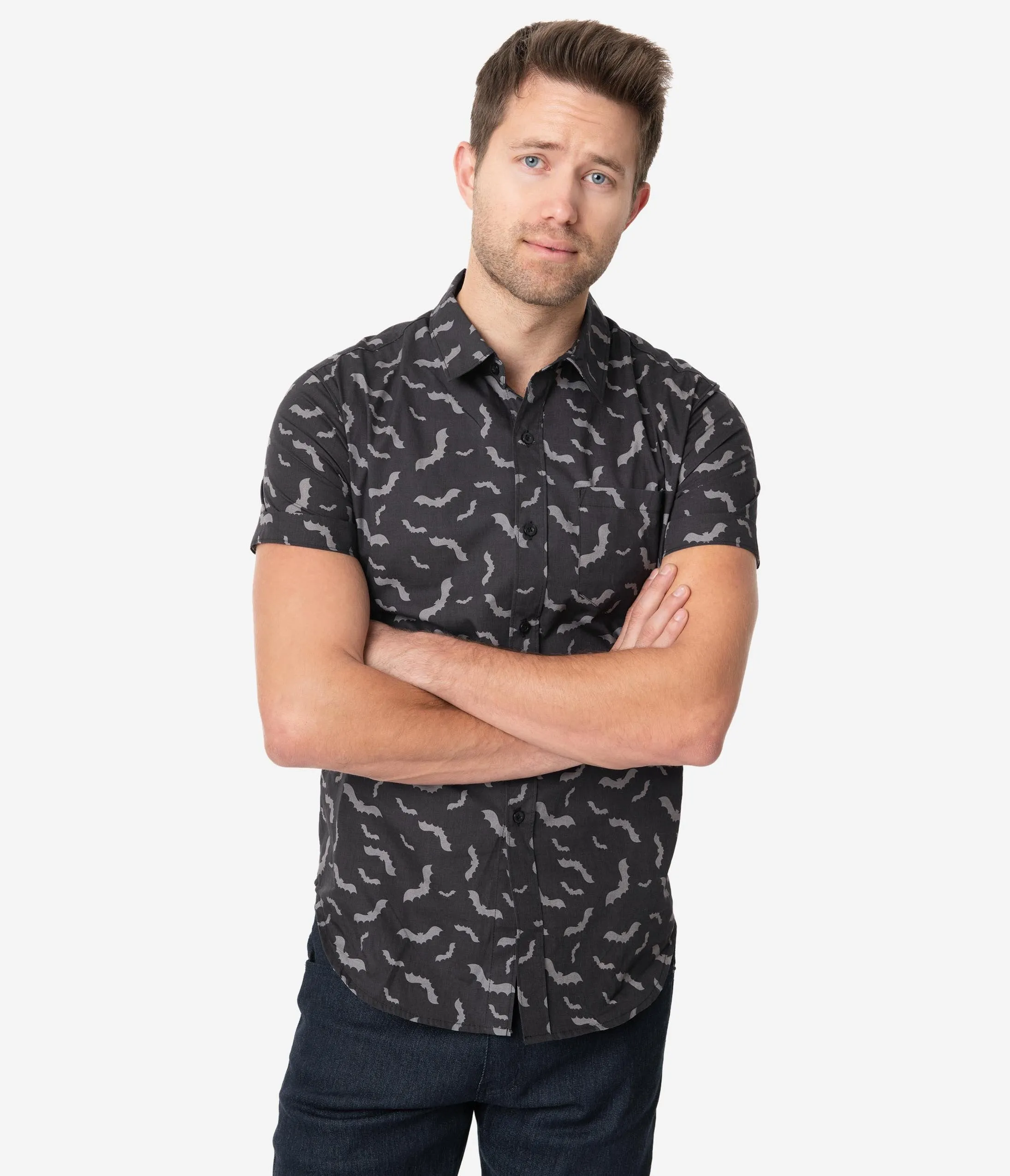 Unique Vintage Black & Grey Bat Print Mens Shirt