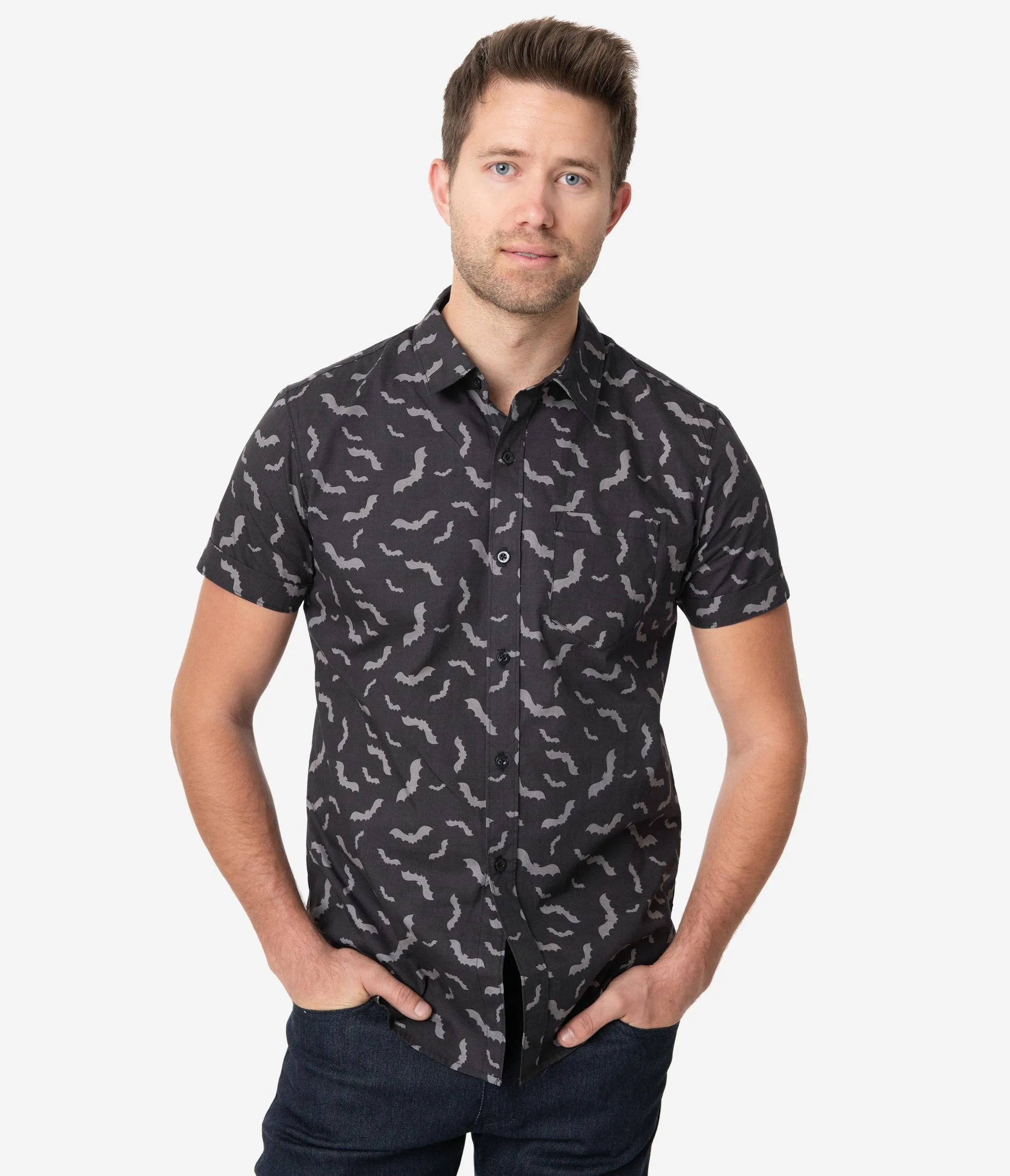 Unique Vintage Black & Grey Bat Print Mens Shirt