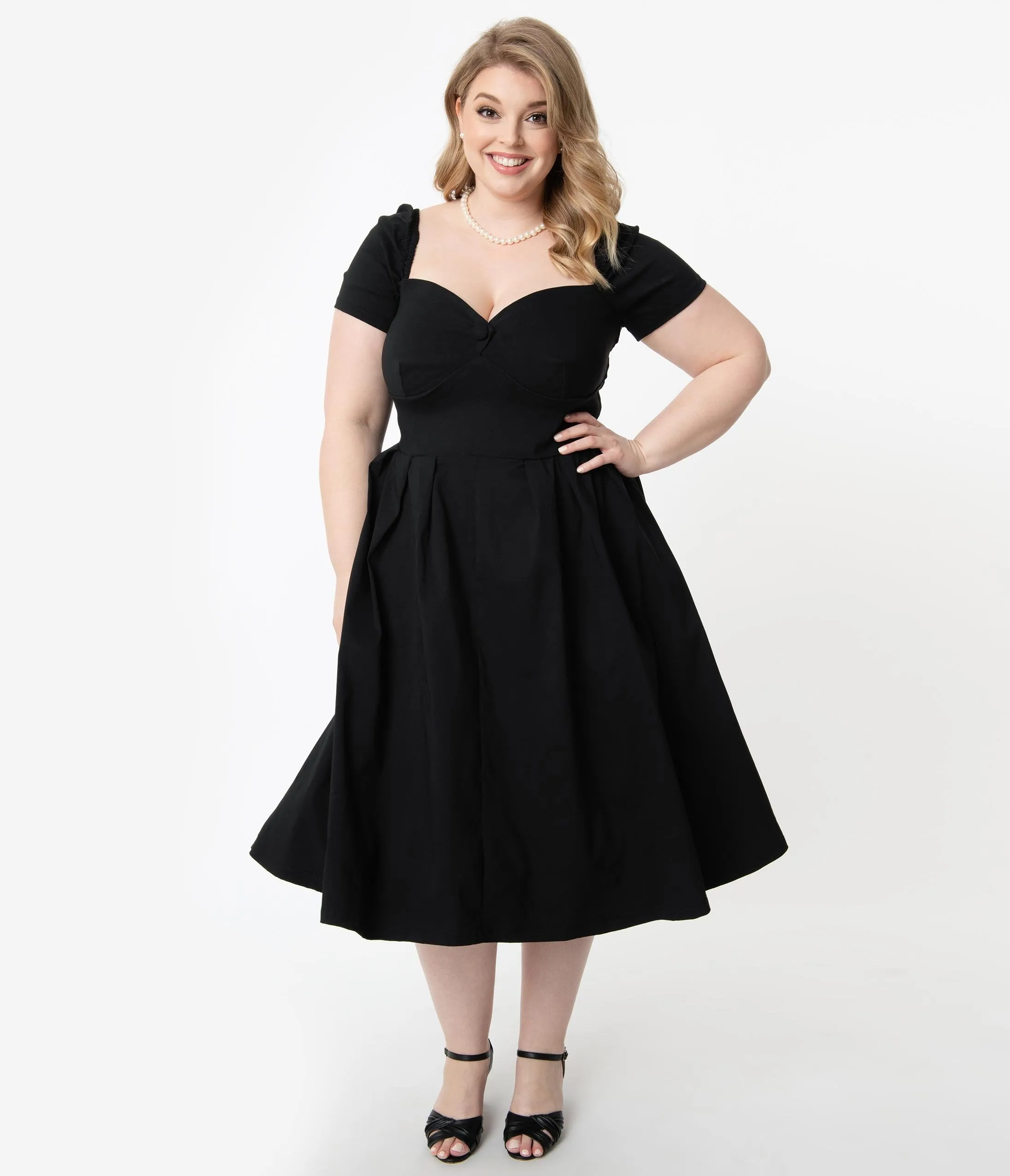 Unique Vintage Plus Size 1950s Black Sweetheart Midge Swing Dress
