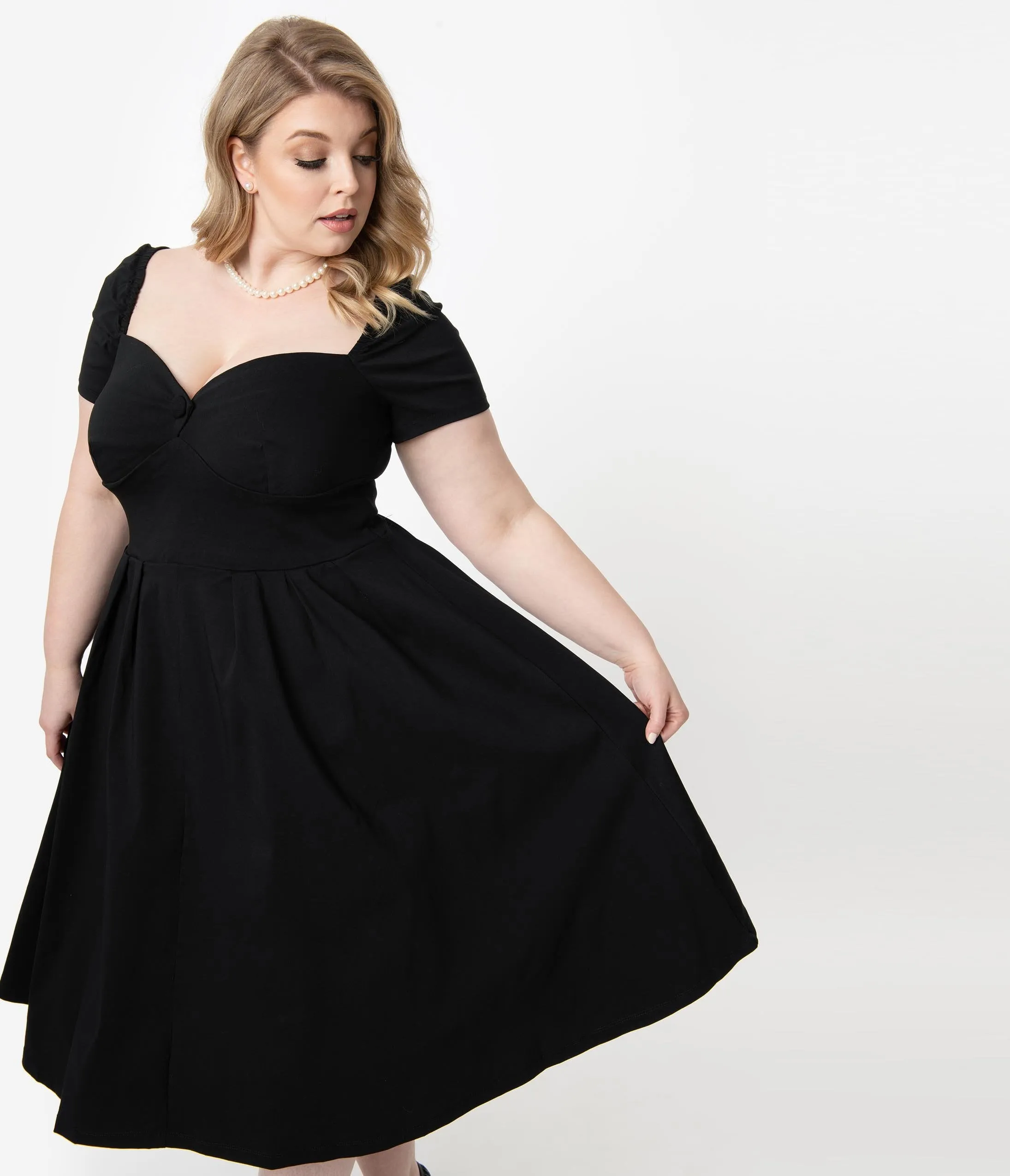 Unique Vintage Plus Size 1950s Black Sweetheart Midge Swing Dress