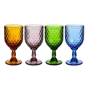 Vintage Style Colored Glass Water Goblet Set Of 4 Multi Colors Drinking Glasses (11 Oz)