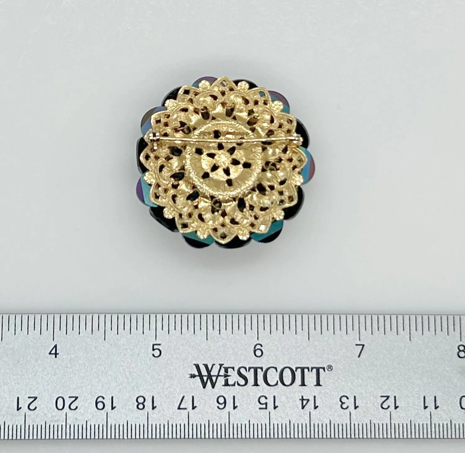 Vintage Unusual Black and Blue Iridescent Round Brooch