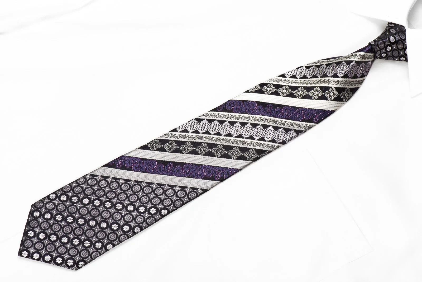 Vito Rufolo Men's Crystal Silk Necktie Silver Striped & Purple Cartouche On Black With Sparkles