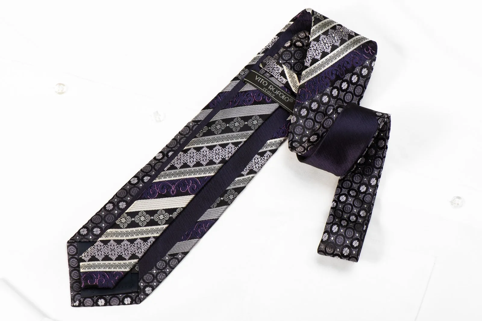 Vito Rufolo Men's Crystal Silk Necktie Silver Striped & Purple Cartouche On Black With Sparkles