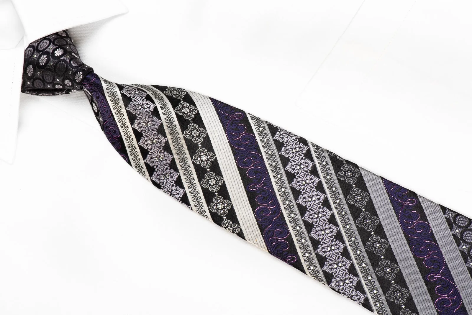 Vito Rufolo Men's Crystal Silk Necktie Silver Striped & Purple Cartouche On Black With Sparkles