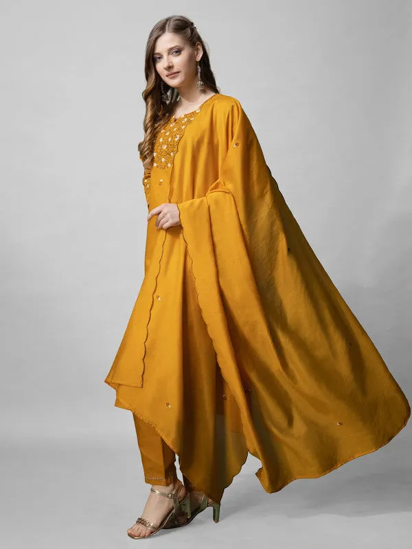 Womens Mustard Embroidered Cotton Blend Kurta Pant Set With Dupatta