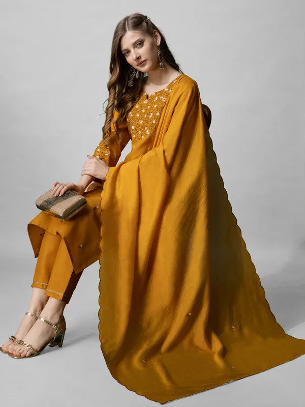 Womens Mustard Embroidered Cotton Blend Kurta Pant Set With Dupatta