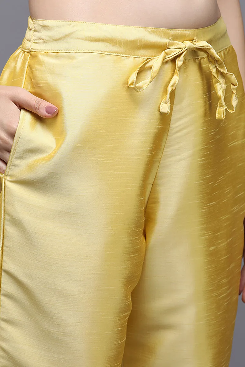 Yellow Poly Silk Floral Straight Suit Set